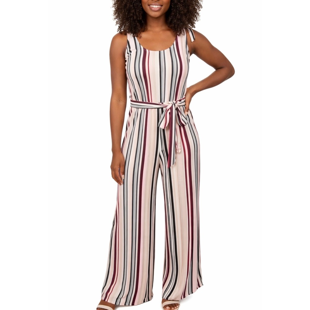 New Directions sz XL Striped Tie Sleeve Wide Leg Jumpsuit Romper Comfy Stretchy